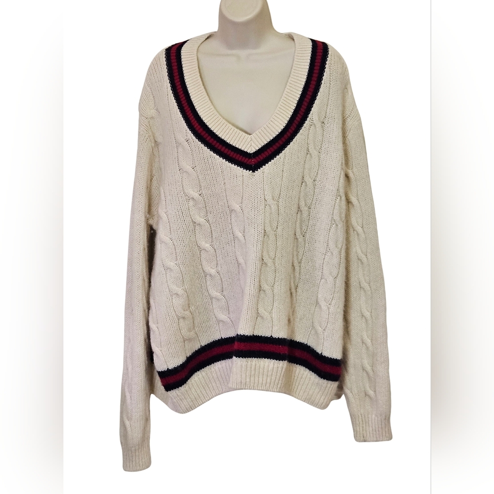 Brandy Melville NIKKI Cream/Red/Navy Cable Knit Oversized Wool Sweater,One Size - Picture 13 of 16